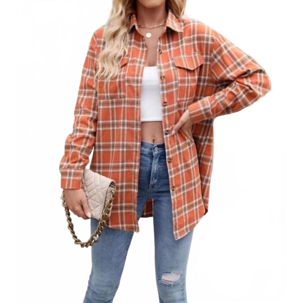 NEW LOVESOFT new casual fashion loose plaid pocket shirt in orange